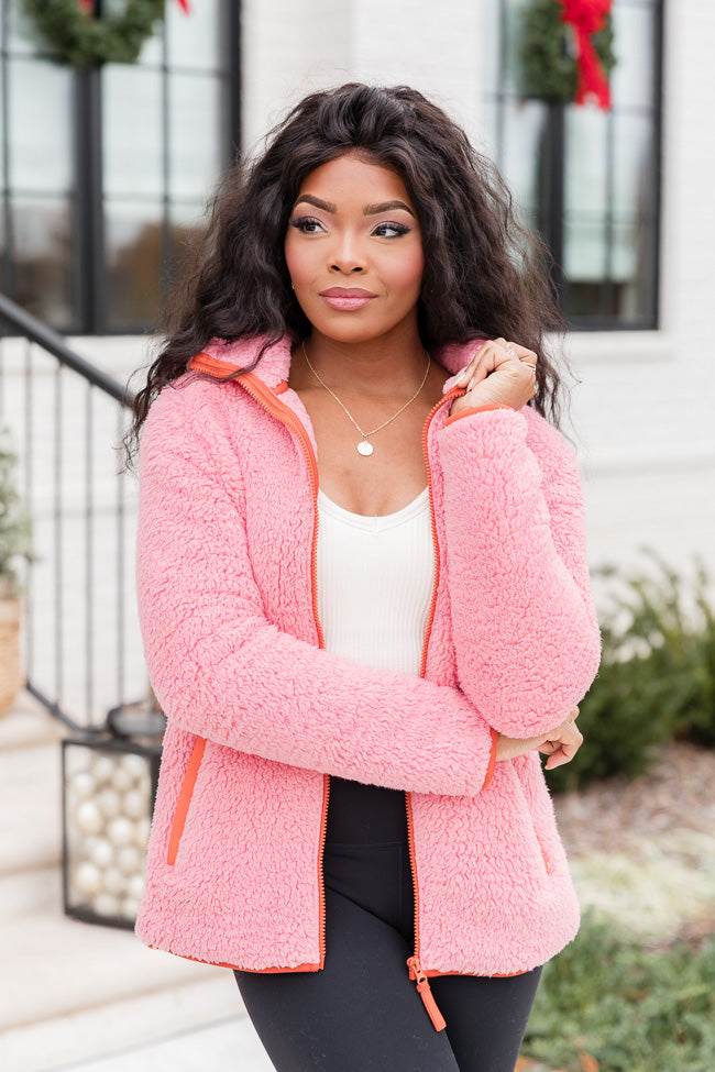 Nice As Can Be Pink And Orange Sherpa Zip Up Hooded Jacket FINAL SALE