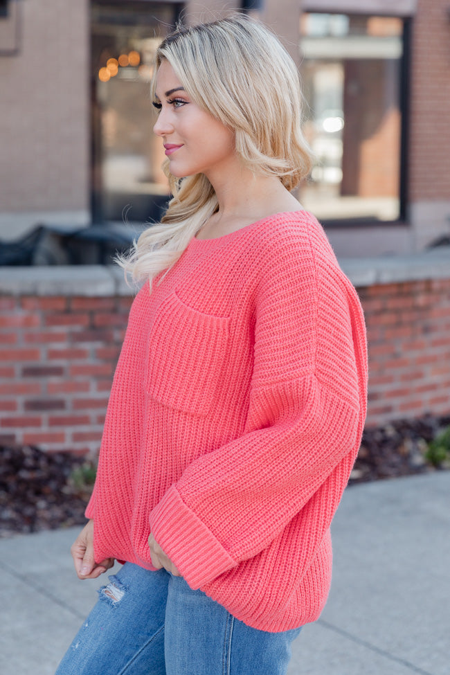Piece Of Cake Coral Oversized Pocket Sweater