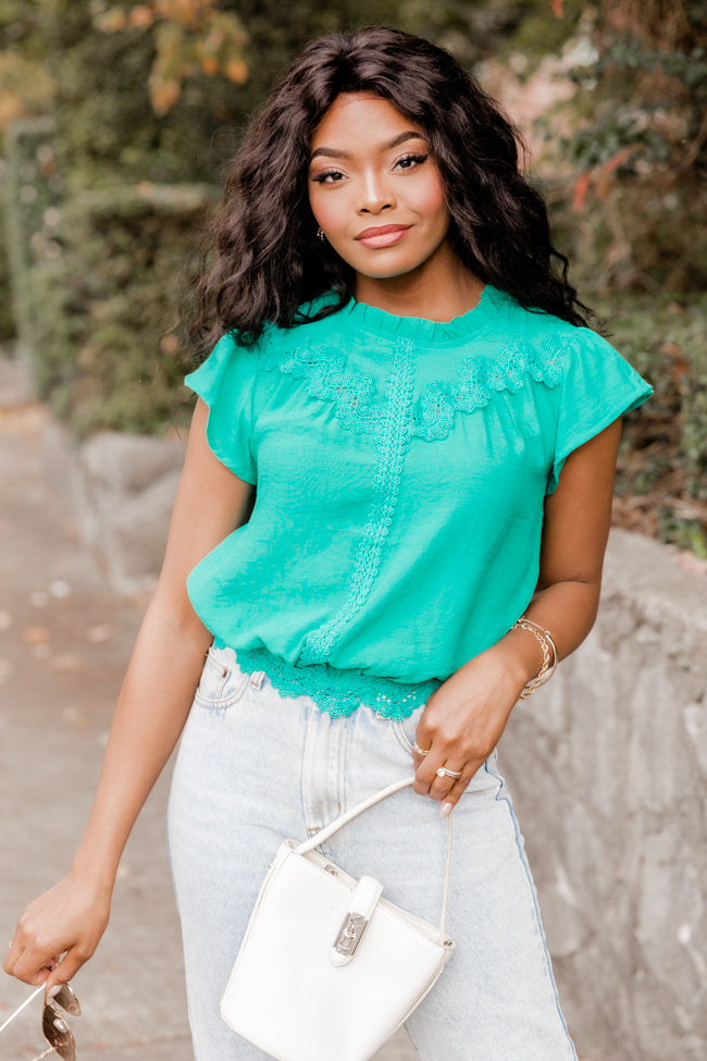 Stay Around Kelly Green Lace Trim Short Sleeve Blouse