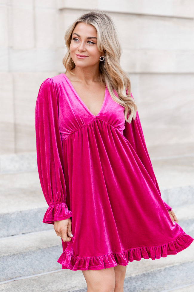 Returned Affections Pink Velvet Ruffle Trim Mini Dress