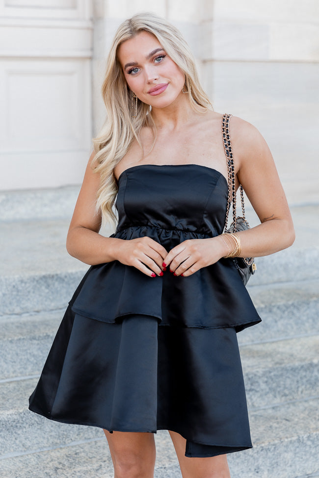 Time To Shine Black Satin Tiered Mini Dress – Pink Lily