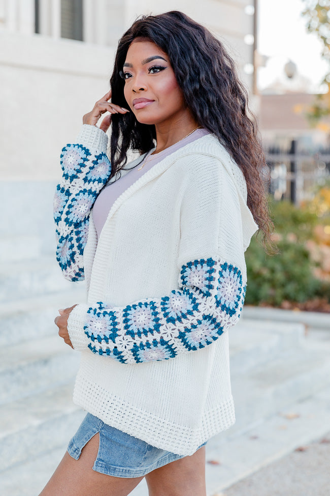 Be Better Ivory and Blue Crochet Sleeve Hooded Cardigan