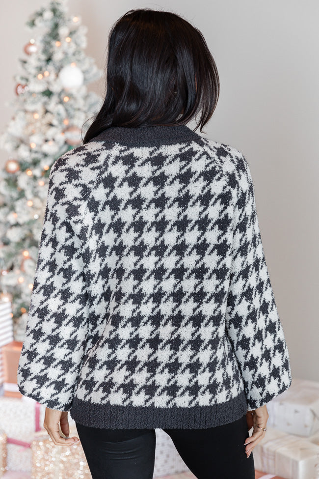 All Cozied Up Fuzzy Black and Ivory Houndstooth Quarter Zip Pullover