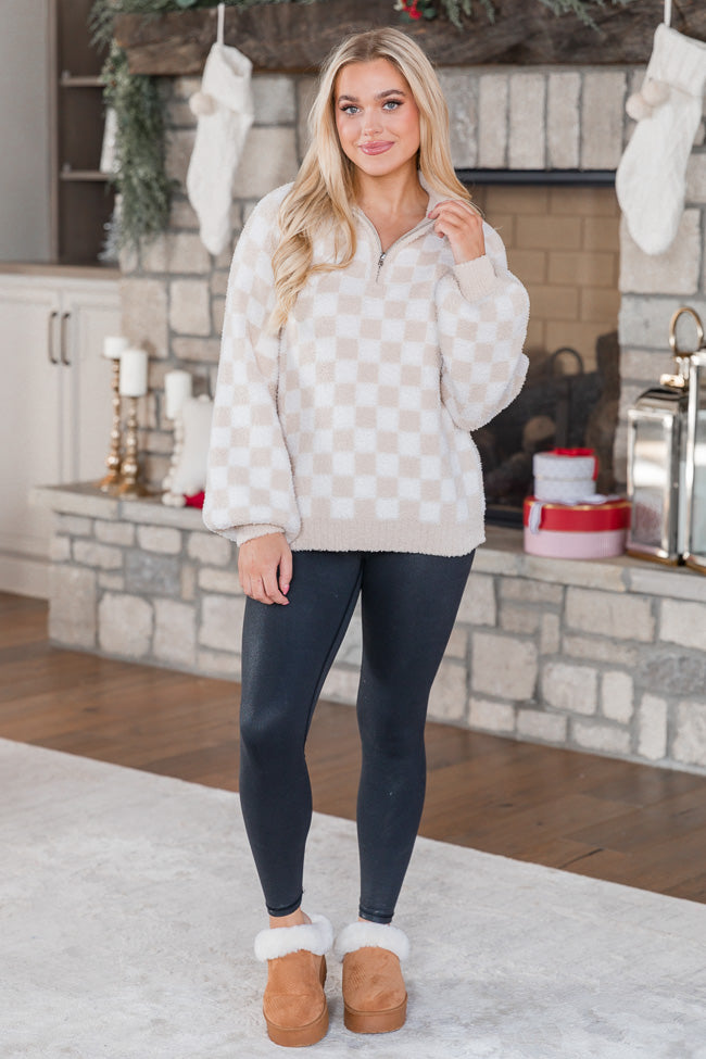 All Cozied Up Beige Fuzzy Checkered Quarter Zip Pullover