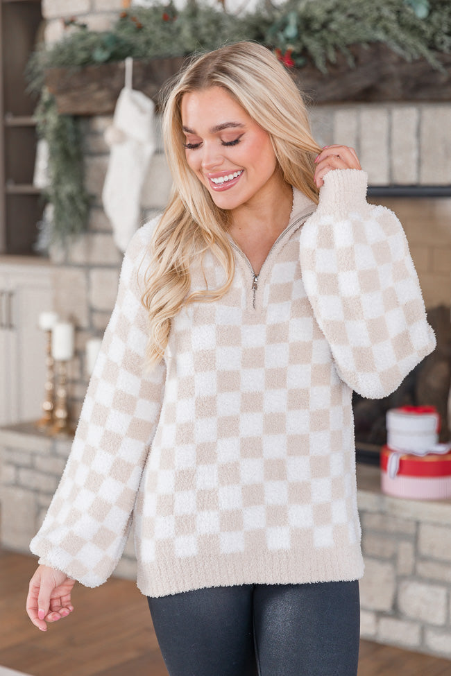 All Cozied Up Beige Fuzzy Checkered Quarter Zip Pullover