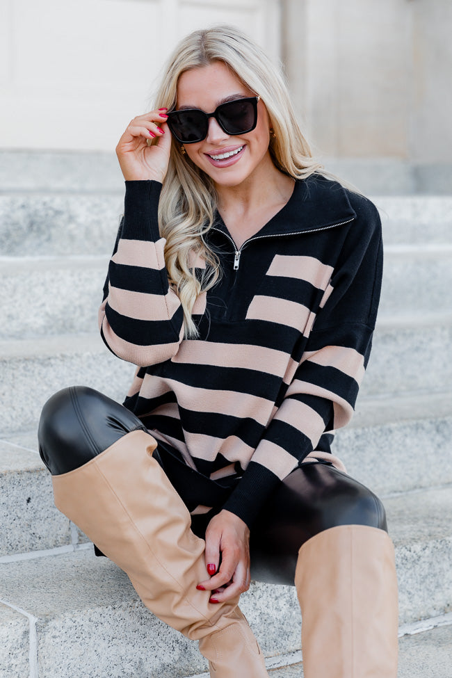 Pulling Heartstrings Black And Tan Striped Quarter Zip Pullover