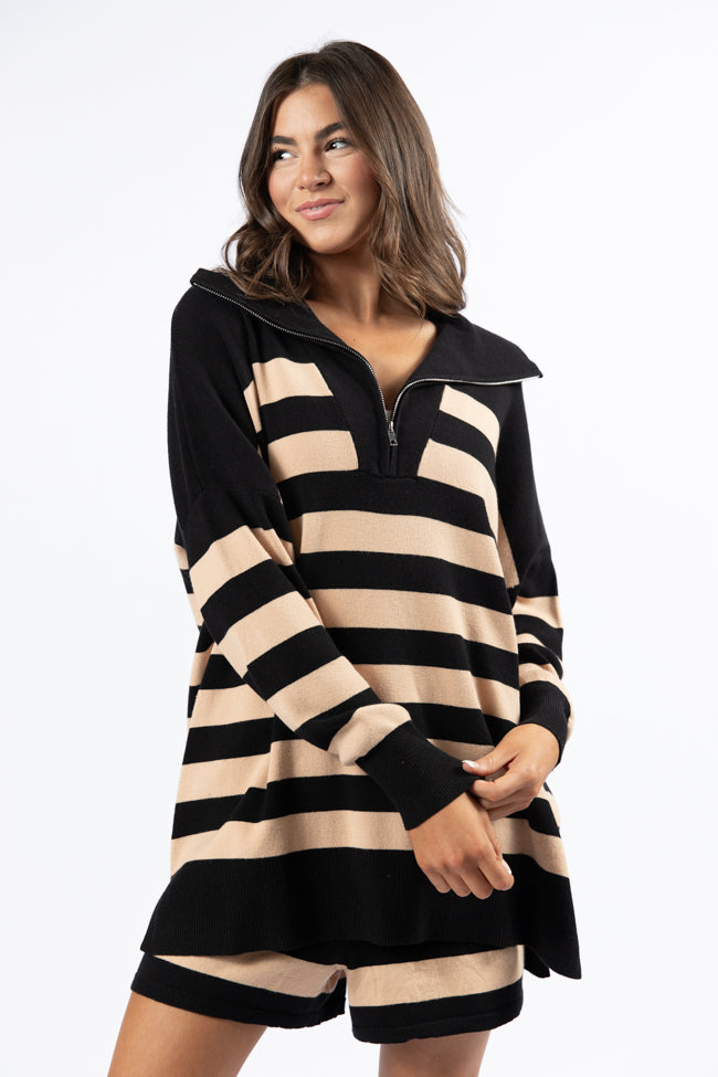 Pulling Heartstrings Black And Tan Striped Quarter Zip Pullover