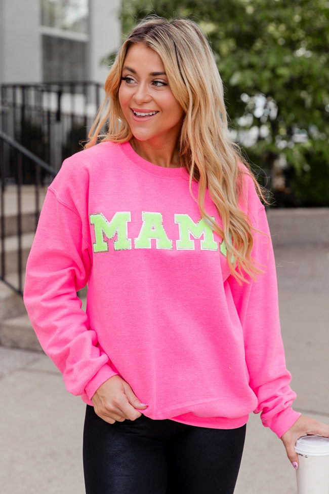 Mama Neon Chenille Patch Safety Pink Graphic Sweatshirt