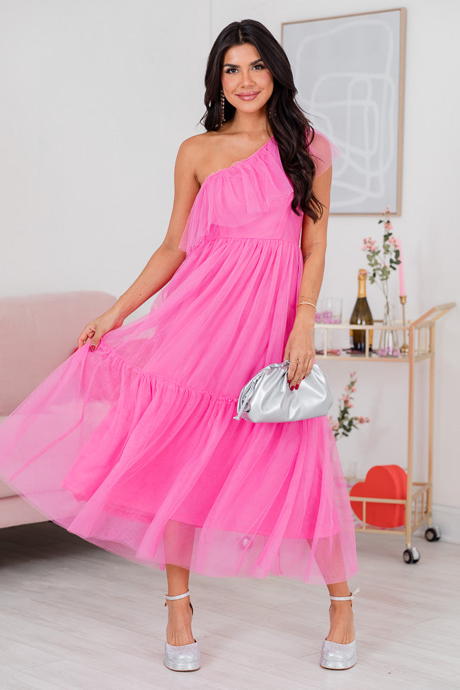 Season Of Love Pink One Shoulder Tulle Midi Dress