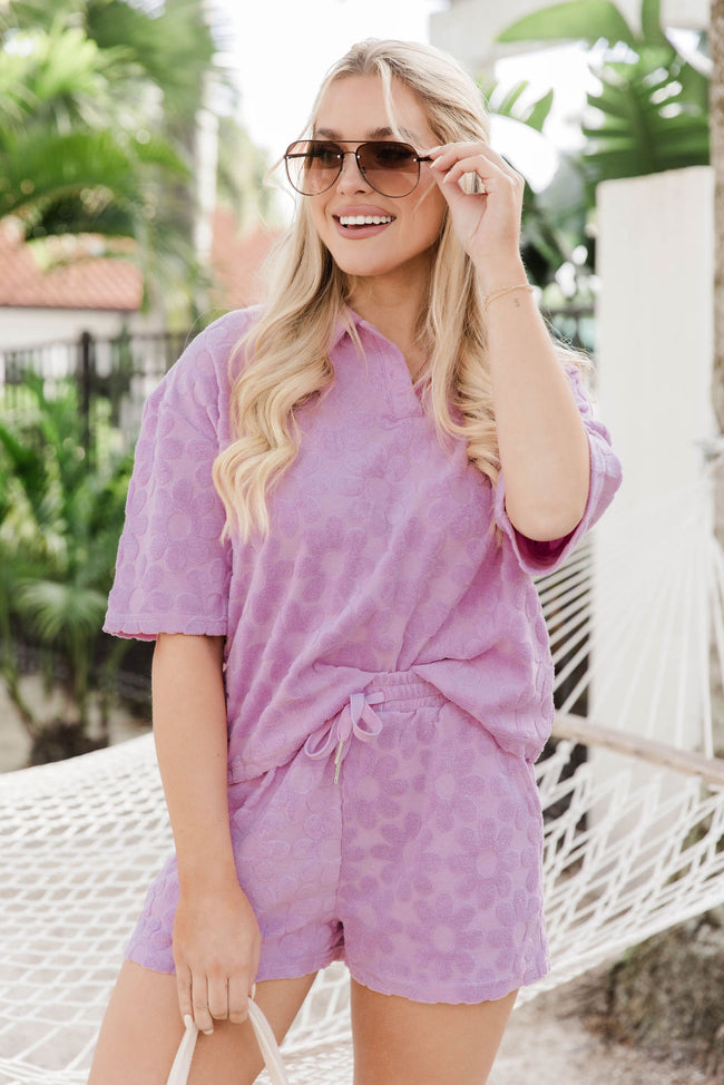Can't Stay Away Purple Terry Daisy Printed Collared Tee