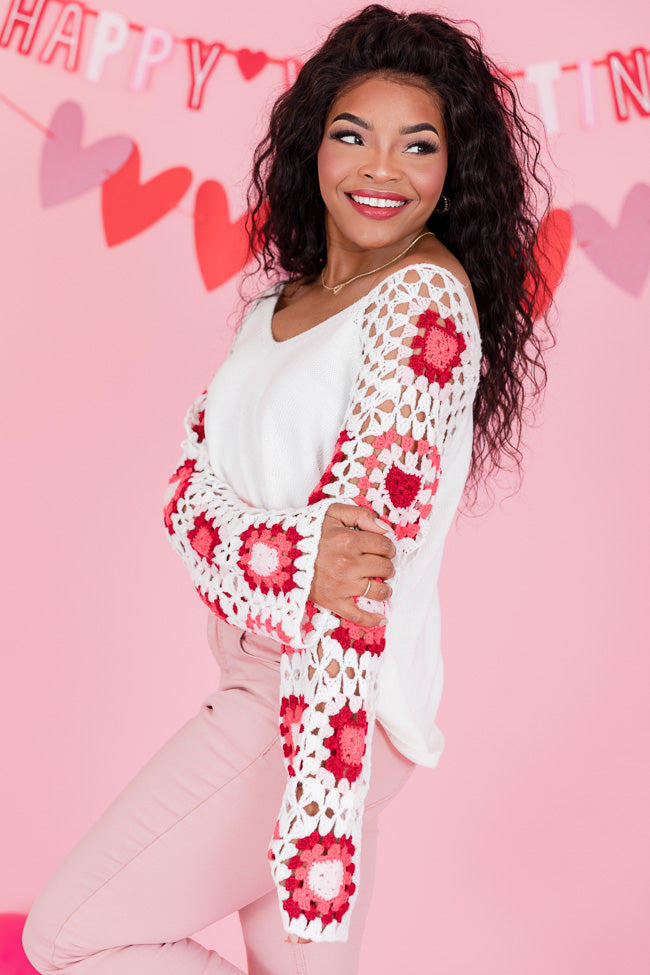 Hello Lover Pink And Ivory Crochet Heart Sleeve Sweater
