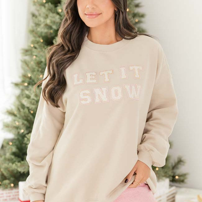 Let it Snow Chenille Patch Ivory Oversized Graphic Sweatshirt FINAL SA –  Pink Lily