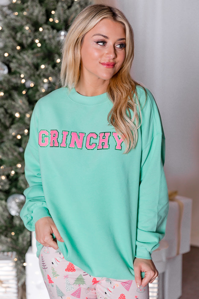 Grinchy Chenille Patch Lime Oversized Graphic Sweatshirt