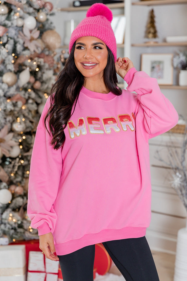 Merry Ombre Chenille Patch Pink Oversized Sweatshirt