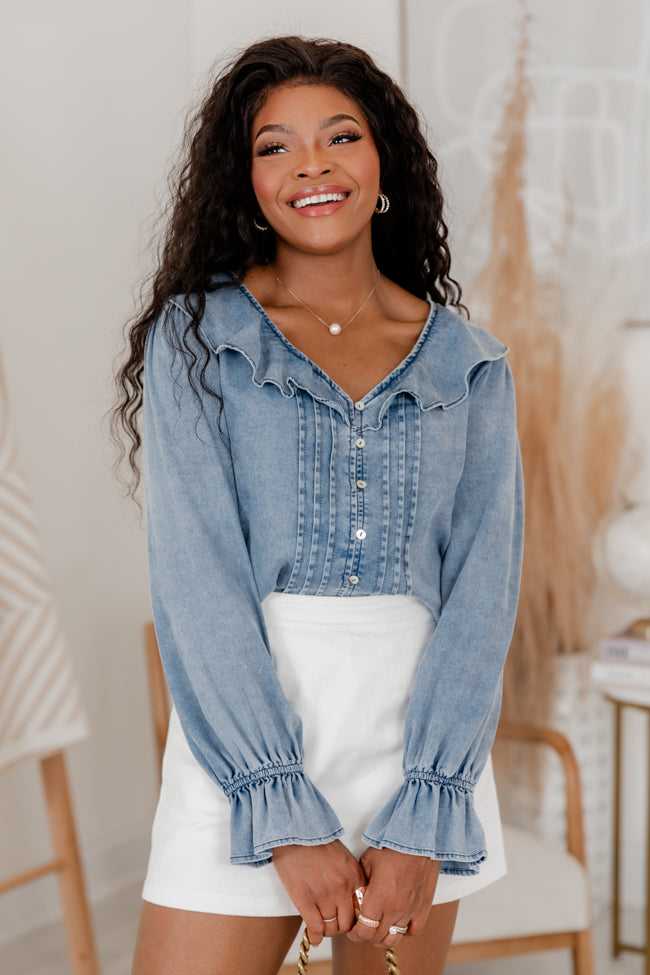 In The Details Medium Wash Chambray Ruffle Detail Top