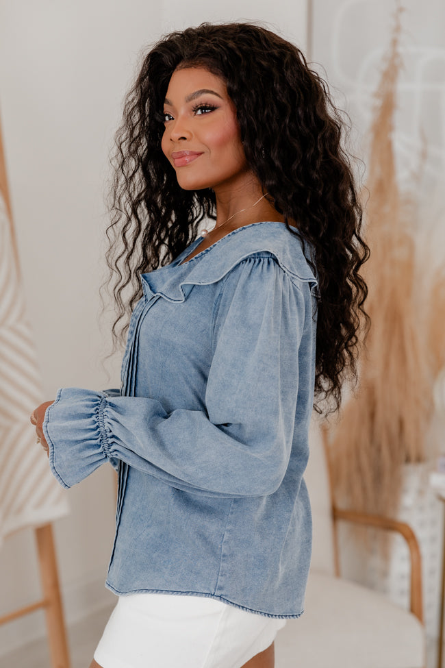 In The Details Medium Wash Chambray Ruffle Detail Top