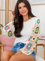 Composed Charm Ivory Crochet Sleeve Ribbed Top