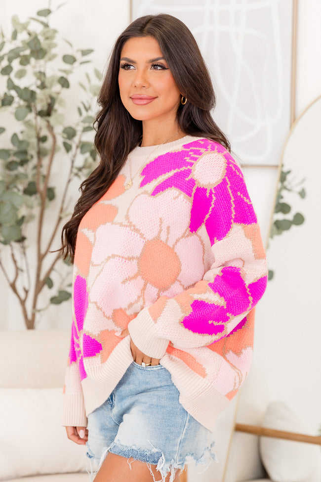 Lively Love Orange And Magenta Oversized Floral Print Sweater