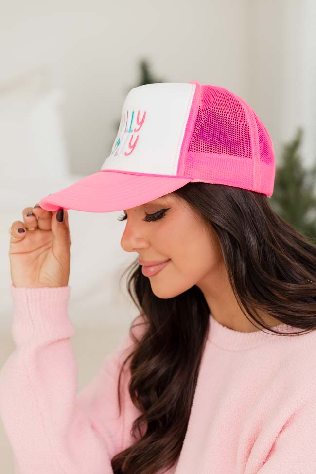 Holly Jolly White and Pink Trucker Hat