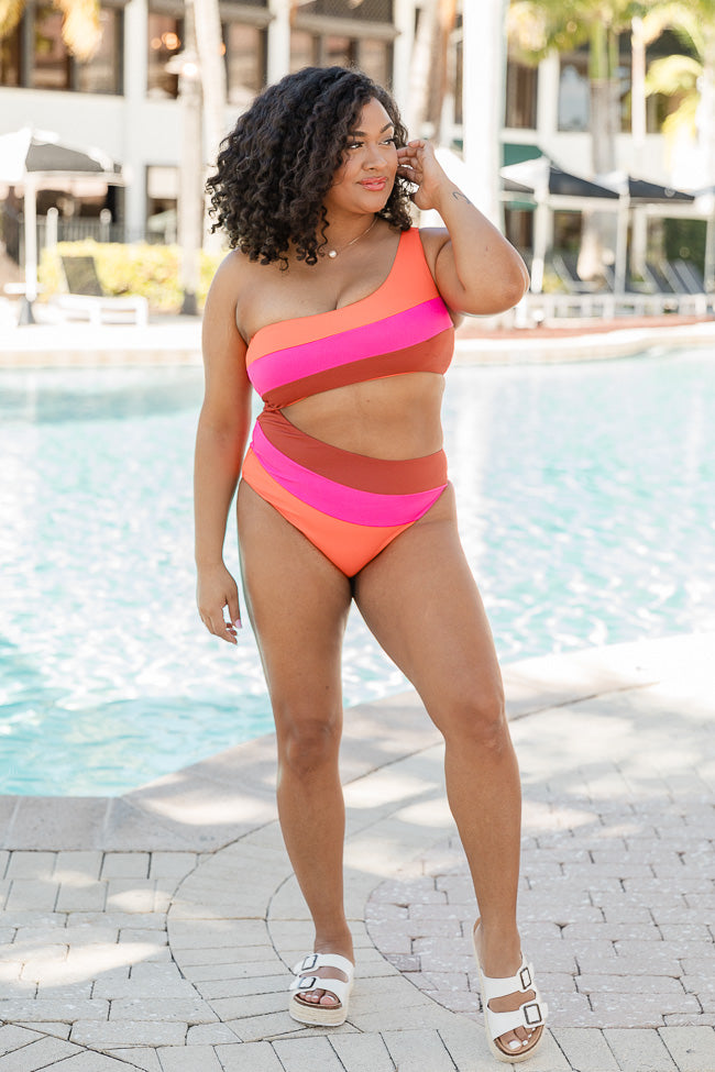 Deep Waters Striped Ribbed One Piece Cut Out Swimsuit Pink Lily