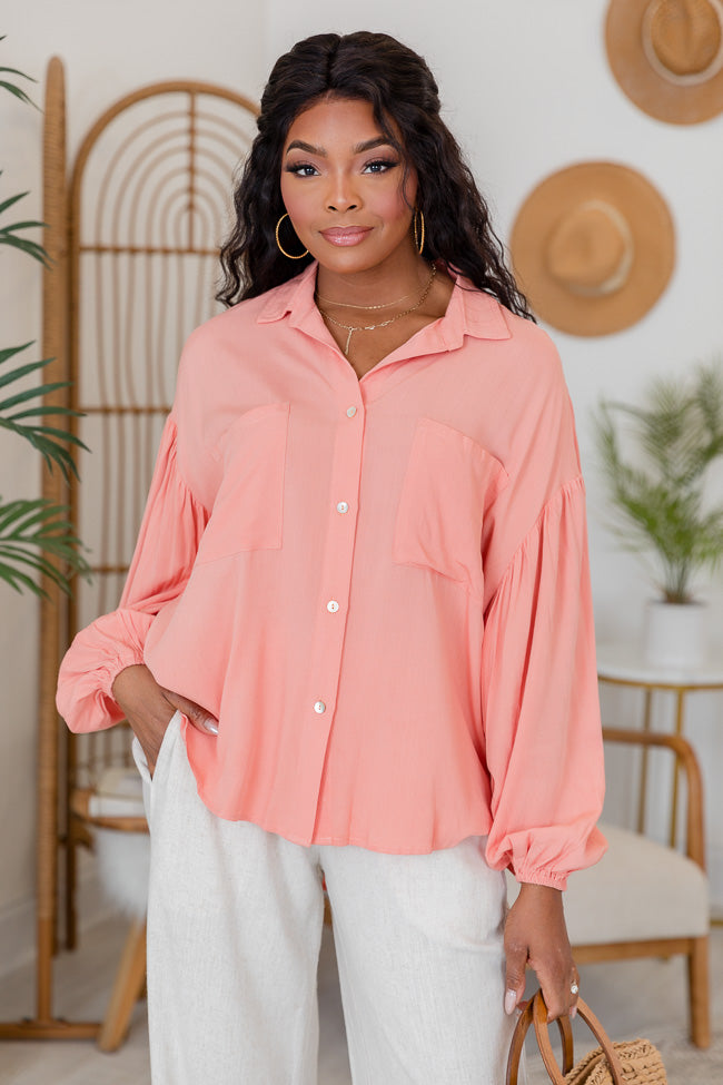 Back For You Coral Balloon Sleeve Button Front Blouse