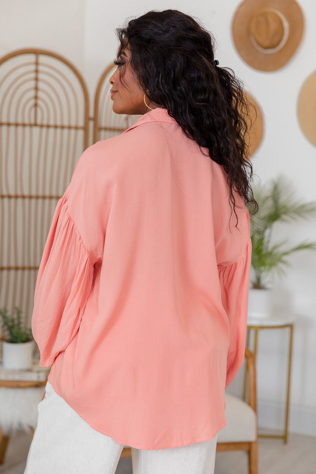 Back For You Coral Balloon Sleeve Button Front Blouse