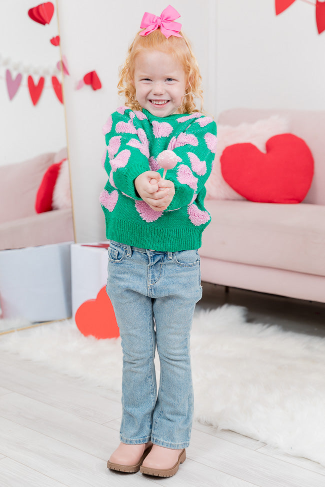 Kid s I ll Be There Green Fuzzy Heart Sweater FINAL SALE Pink Lily