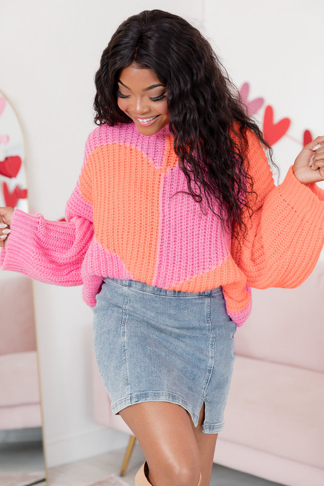 Love Me Now Orange And Pink Colorblock Heart Sweater FINAL SALE