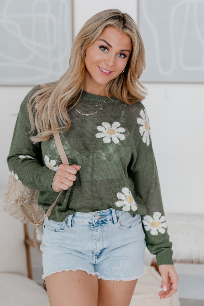 Oops-A-daisy Olive Daisy Print Sweater