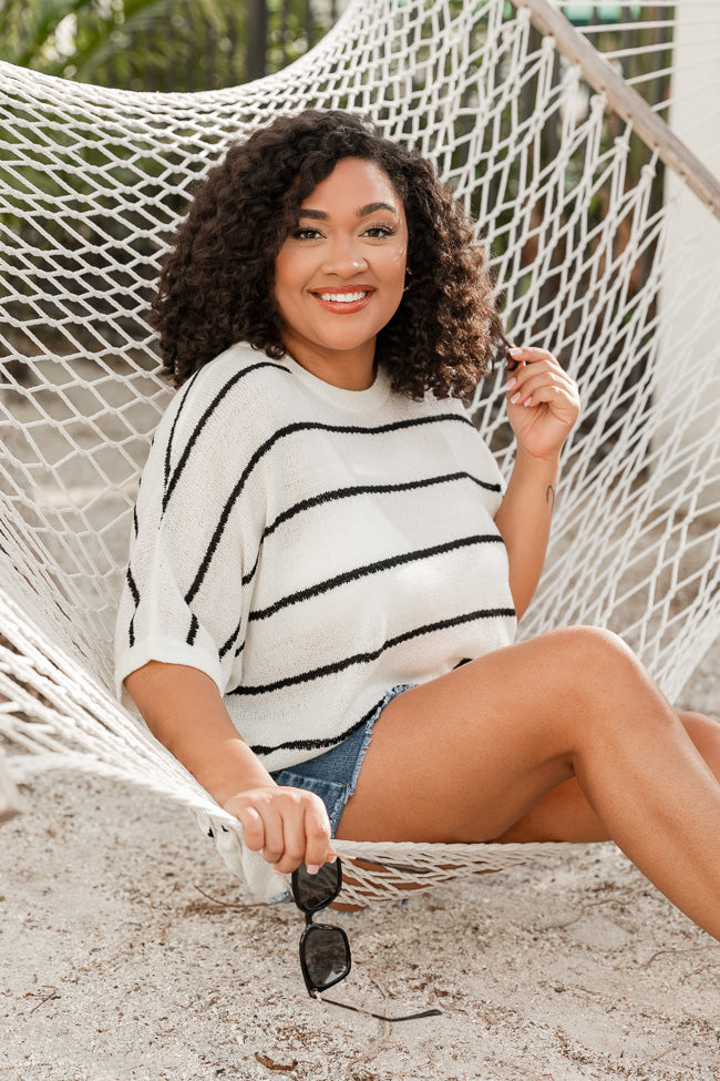 Catch A Flight Ivory and Black Striped Short Sleeve Sweater