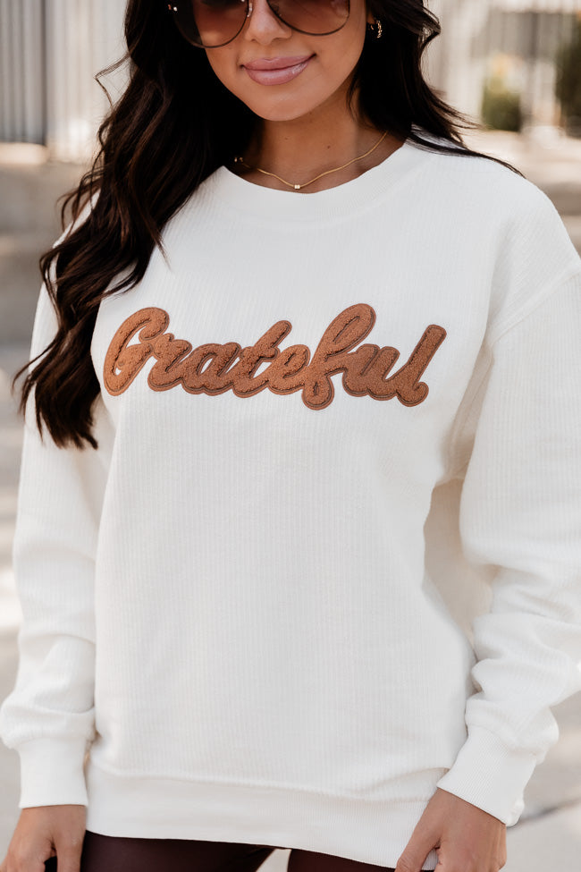Grateful Script Chenille Patch Ivory Corded Graphic Sweatshirt FINAL SALE