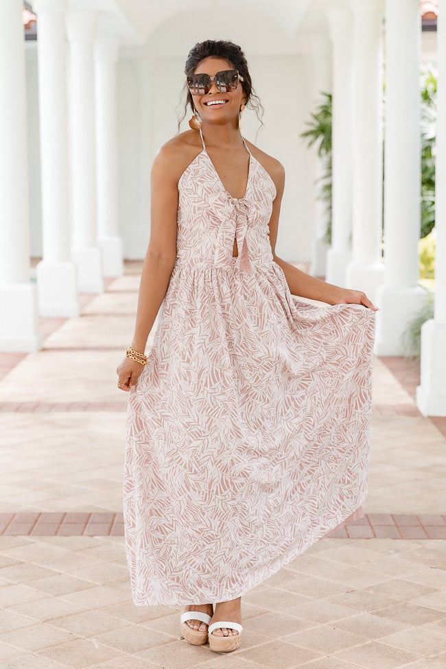 Dream Awhile Neutral Printed Tie Front Maxi Dress – Pink Lily