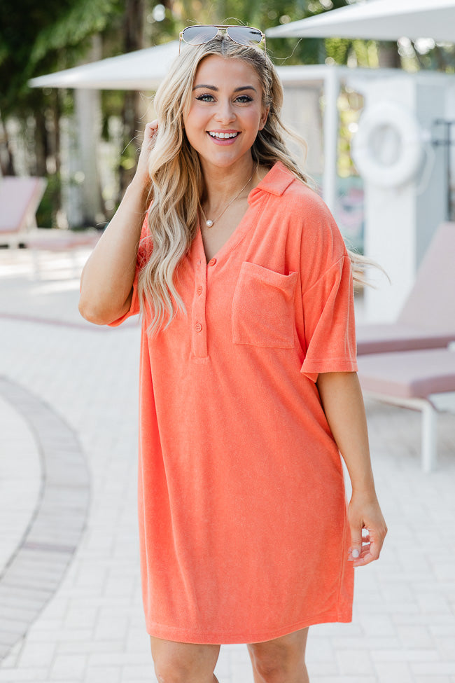 We're Better Together Coral Terry Button Front Tee Dress