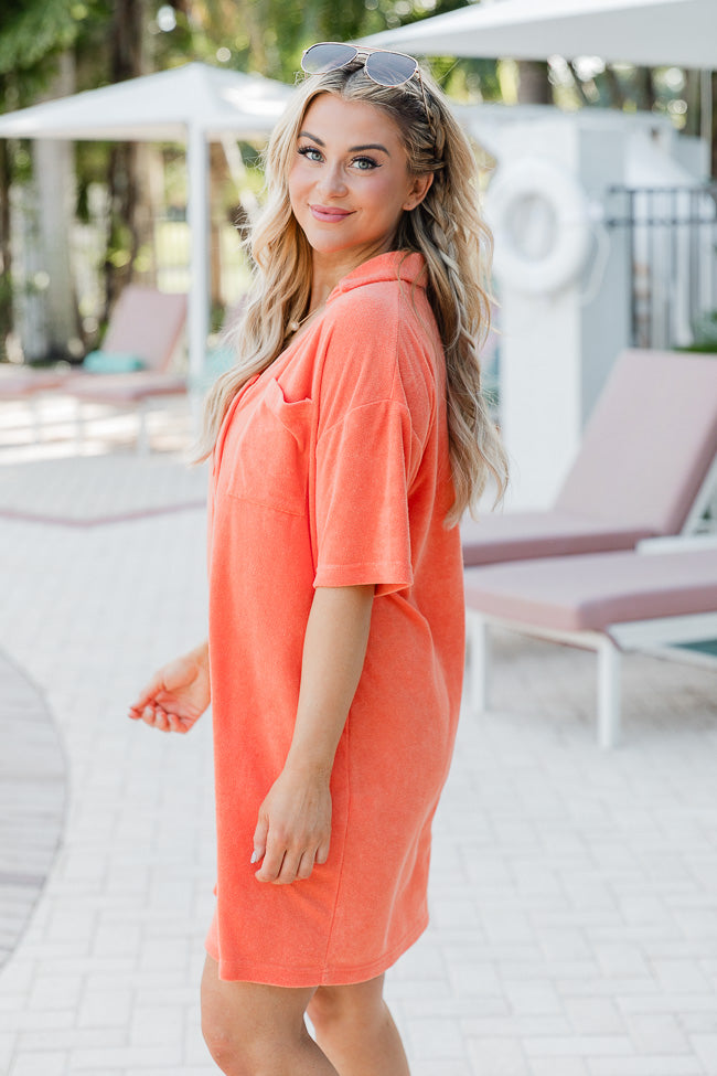 We're Better Together Coral Terry Button Front Tee Dress