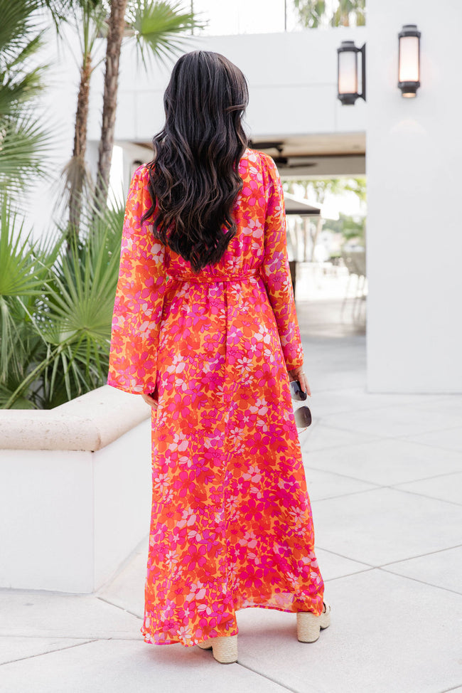 Dance The Night Away Long Sleeve Red Tropical Printed Maxi Dress