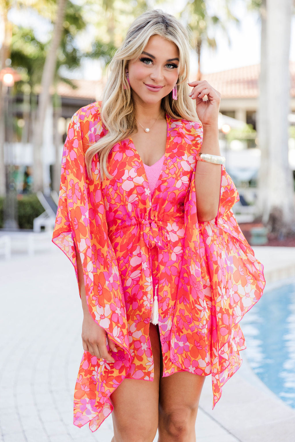 Lost In The Tropics Red Tropical Printed Swimsuit Cover Up Pink Lily