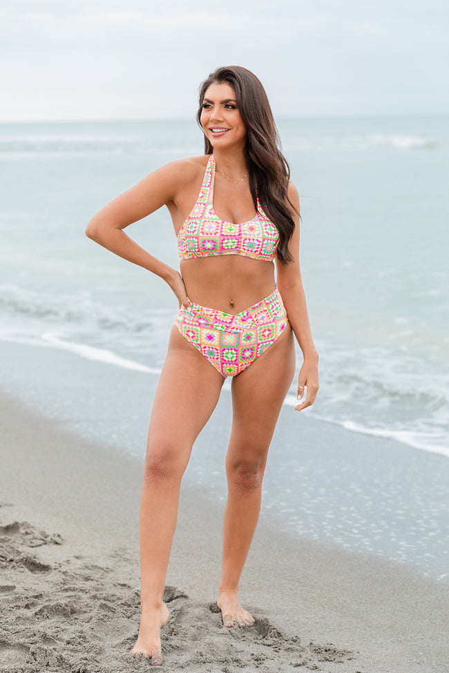 Gossip On Deck in Cabo Crochet Multi Color High Waisted Crossover Biki –  Pink Lily