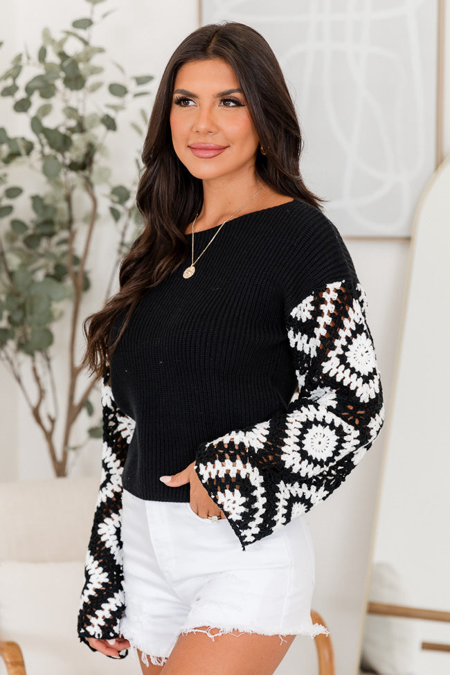 Forever Wondering Black and Ivory Crochet Sleeve Sweater