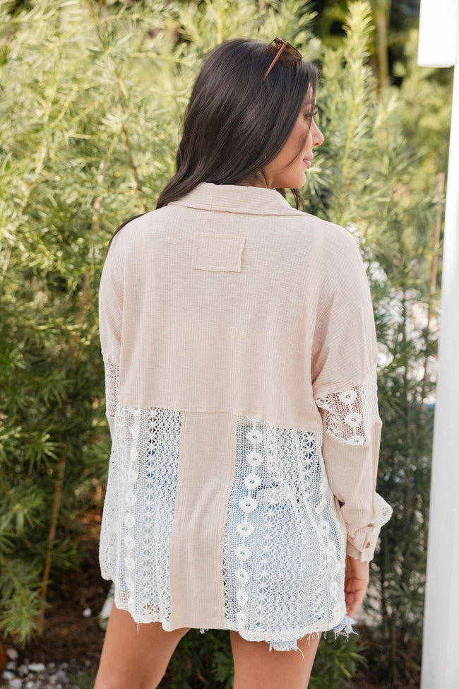 Just A Feeling Beige Ribbed Lace Detail Shacket