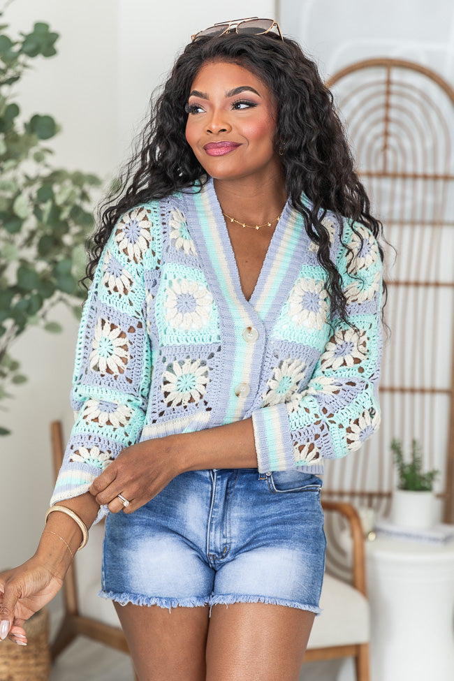 All The Time Blue and Purple Crochet Cardigan