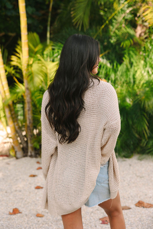With The Girls Beige Open Knit Button Front Cardigan