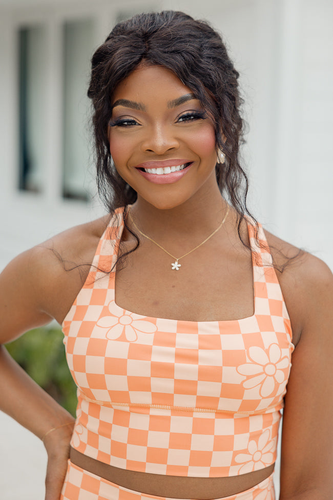 Work in Progress Orange Checkered Floral Print Sports Bra Top