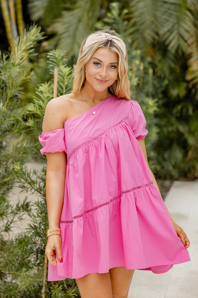 Graceful Beauty Pink Asymmetrical Puff Sleeve Mini Dress