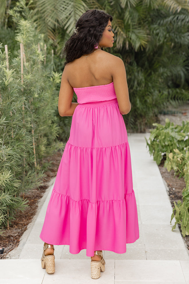 Rays Of Radiance Hot Pink Strapless Tiered Midi Dress