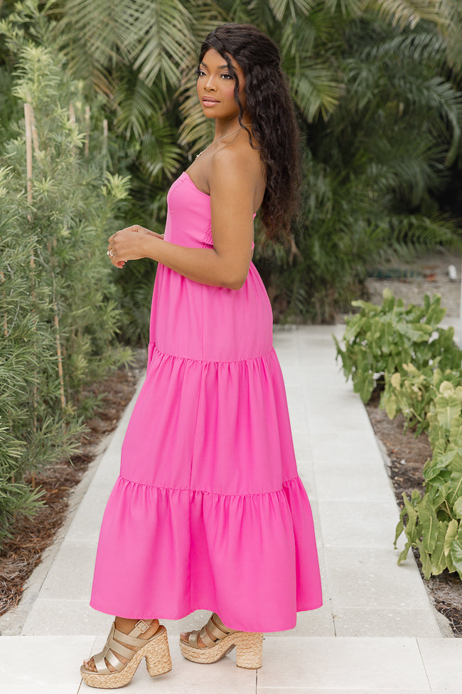 Rays Of Radiance Hot Pink Strapless Tiered Midi Dress – Pink Lily