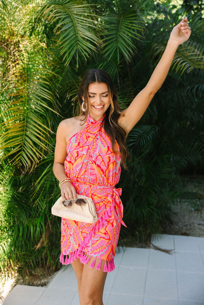 Turning Over A New Leaf in Colorful Couture Halter Mini Dress