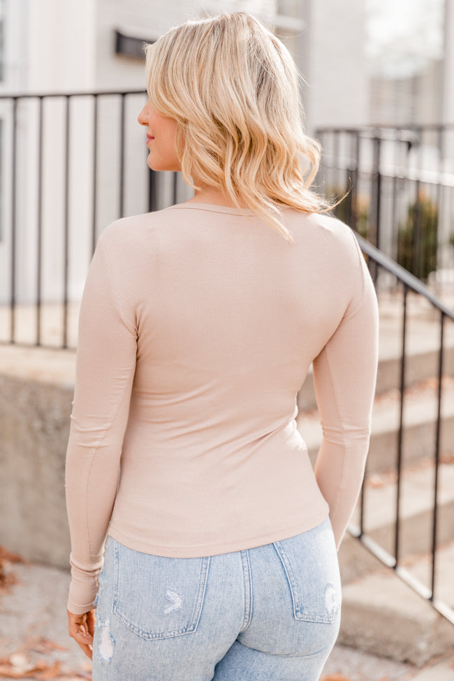 All The Better Tan Ribbed Knit Henley Long Sleeve Tee