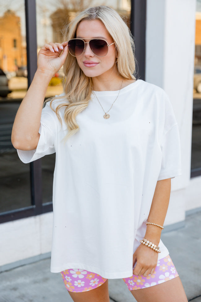 Busy Babe Oversized Ivory Distressed T-Shirt