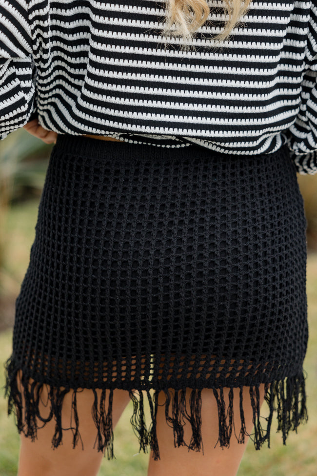 Skipping Town Black Tassel Trim Knit Mini Skirt
