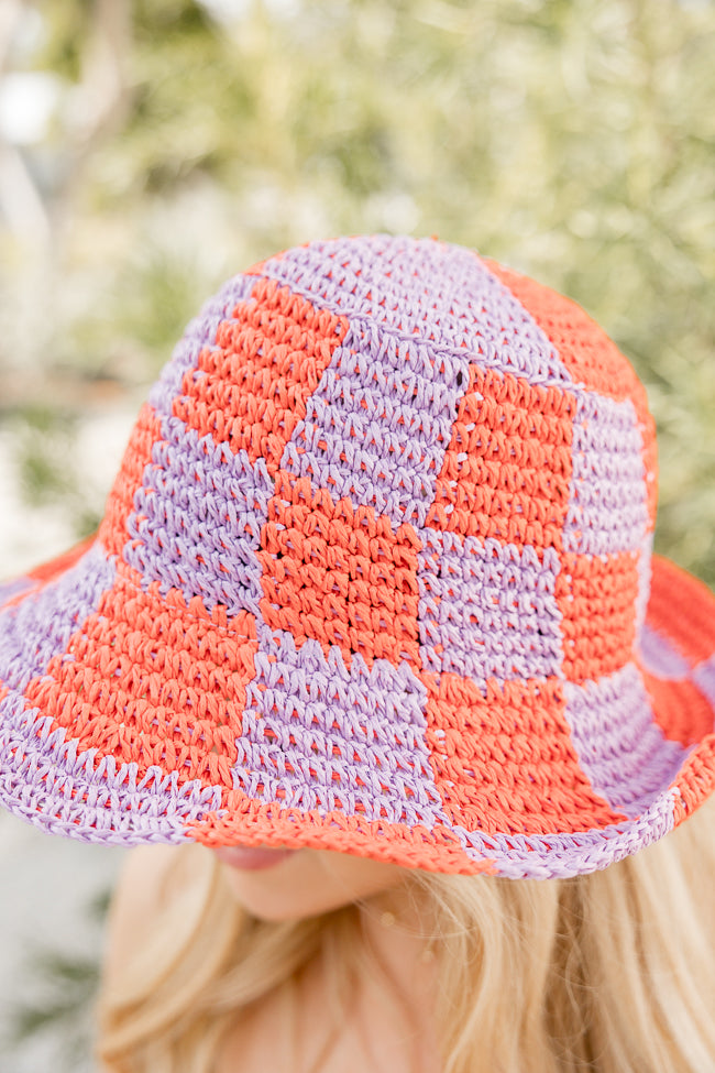 Orange And Pink Checkered Crochet Bucket Hat